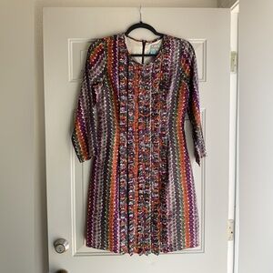 Plenty by Tracy Reese Multicolor Silk Purple & Orange Printed Long-Sleeve Dress